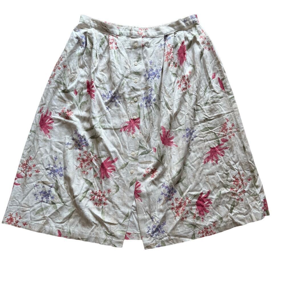 Vintage Alfred Dunner Linen Blend Floral Midi Knee Length Skirt Size 18